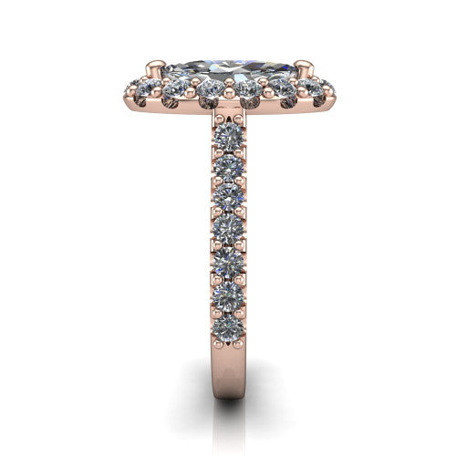 Hattie marquise halo engagement ring in 14K Rose Gold with squared pavé halo and pavé band, side profile showing the pavé band and squared halo