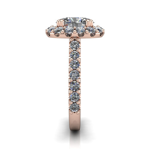 Hattie oval halo engagement ring in 18K Rose Gold with squared pavé halo and pavé band, side profile showing the pavé band and squared halo