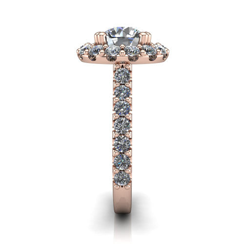 Hattie round halo engagement ring in 14K Rose Gold with squared pavé halo and pavé band, side profile showing the pavé band and squared halo