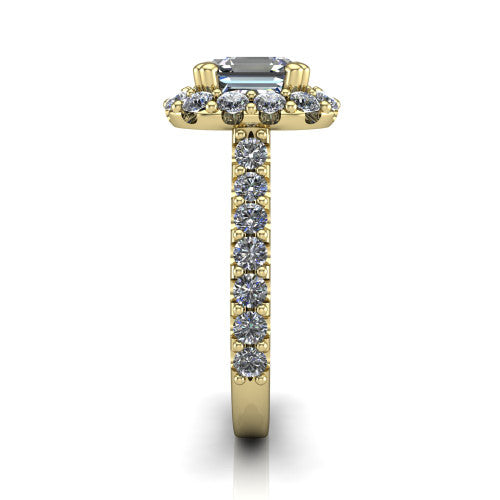 Hattie asscher halo engagement ring in 14K Yellow Gold with squared pavé halo and pavé band, side profile showing the pavé band and squared halo