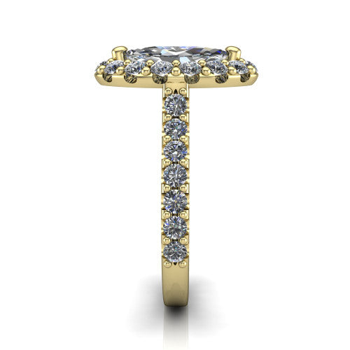 Hattie marquise halo engagement ring in 14K Yellow Gold with squared pavé halo and pavé band, side profile showing the pavé band and squared halo