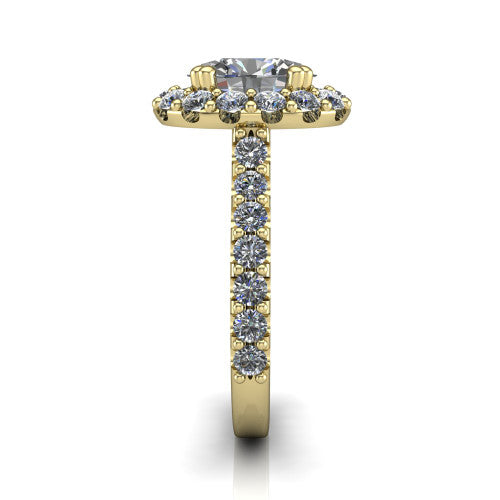 Hattie oval halo engagement ring in 18K Yellow Gold with squared pavé halo and pavé band, side profile showing the pavé band and squared halo