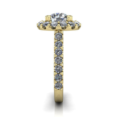 Hattie round halo engagement ring in 14K Yellow Gold with squared pavé halo and pavé band, side profile showing the pavé band and squared halo