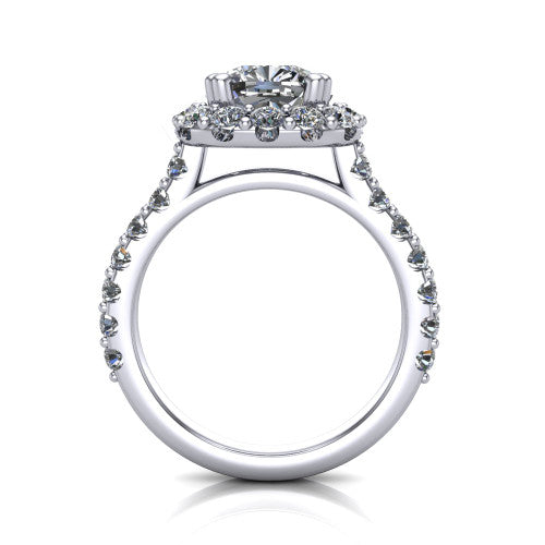 Hattie cushion halo engagement ring in 18K White Gold with squared pavé halo and pavé band, through-finger front profile