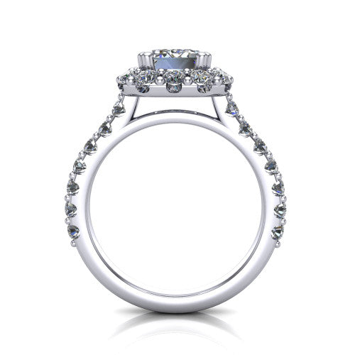Hattie emerald halo engagement ring in 18K White Gold with squared pavé halo and pavé band, through-finger front profile