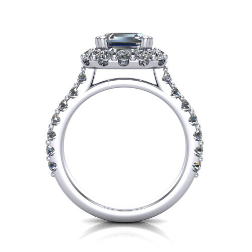 Hattie asscher halo engagement ring in 18K White Gold with squared pavé halo and pavé band, through-finger front profile