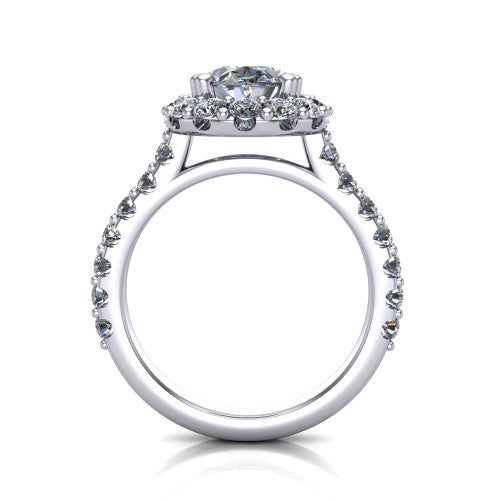 Hattie oval halo engagement ring in Platinum with squared pavé halo and pavé band, through-finger front profile