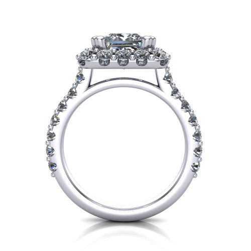 Hattie princess halo engagement ring in 14K White Gold with squared pavé halo and pavé band, through-finger front profile