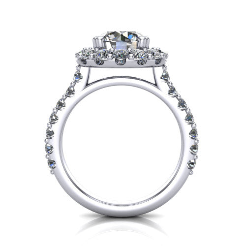 Hattie round halo engagement ring in 14K White Gold with squared pavé halo and pavé band, through-finger front profile