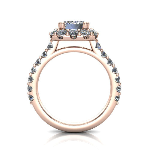 Hattie emerald halo engagement ring in 18K Rose Gold with squared pavé halo and pavé band, through-finger front profile