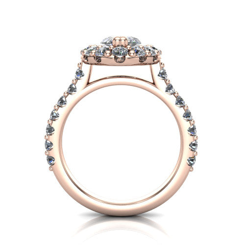 Hattie marquise halo engagement ring in 18K Rose Gold with squared pavé halo and pavé band, through-finger front profile