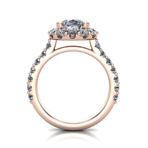 Hattie oval halo engagement ring in 18K Rose Gold with squared pavé halo and pavé band, through-finger front profile