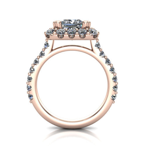Hattie princess halo engagement ring in 14K Rose Gold with squared pavé halo and pavé band, through-finger front profile