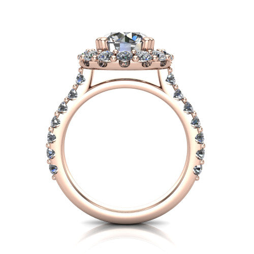 Hattie round halo engagement ring in 18K Rose Gold with squared pavé halo and pavé band, through-finger front profile