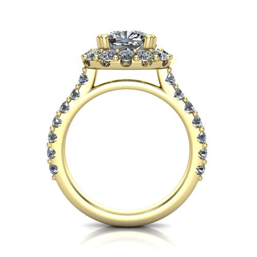 Hattie cushion halo engagement ring in 18K Yellow Gold with squared pavé halo and pavé band, through-finger front profile