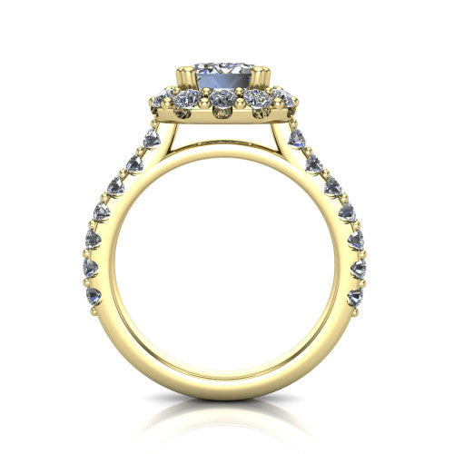 Hattie emerald halo engagement ring in 14K Yellow Gold with squared pavé halo and pavé band, through-finger front profile