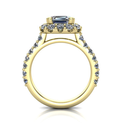 Hattie asscher halo engagement ring in 14K Yellow Gold with squared pavé halo and pavé band, through-finger front profile