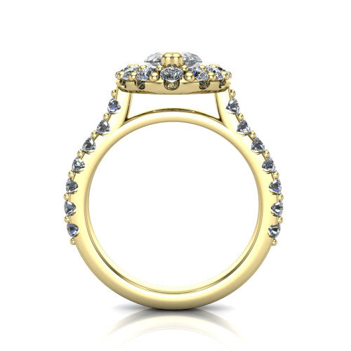 Hattie marquise halo engagement ring in 18K Yellow Gold with squared pavé halo and pavé band, through-finger front profile