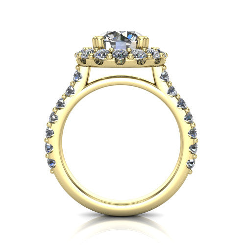 Hattie round halo engagement ring in 18K Yellow Gold with squared pavé halo and pavé band, through-finger front profile