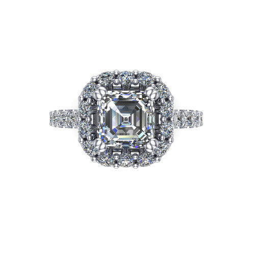 Hattie asscher halo engagement ring in 14K White Gold with squared pavé halo and pavé band, top-down view of the squared pavé halo