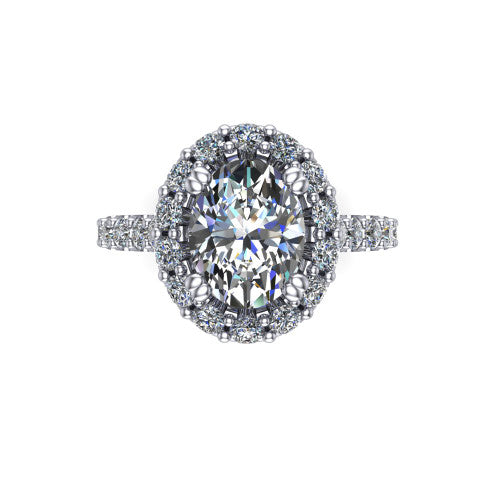 Hattie oval halo engagement ring in 14K White Gold with squared pavé halo and pavé band, top-down view of the squared pavé halo