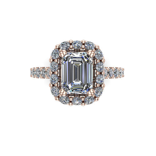 Hattie emerald halo engagement ring in 14K Rose Gold with squared pavé halo and pavé band, top-down view of the squared pavé halo