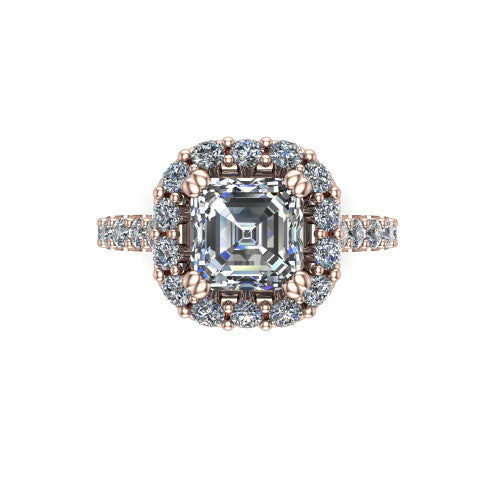 Hattie asscher halo engagement ring in 14K Rose Gold with squared pavé halo and pavé band, top-down view of the squared pavé halo