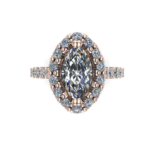 Hattie marquise halo engagement ring in 18K Rose Gold with squared pavé halo and pavé band, top-down view of the squared pavé halo