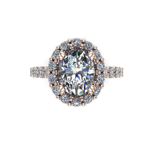 Hattie oval halo engagement ring in 18K Rose Gold with squared pavé halo and pavé band, top-down view of the squared pavé halo