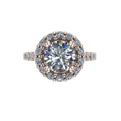 Hattie round halo engagement ring in 18K Rose Gold with squared pavé halo and pavé band, top-down view of the squared pavé halo