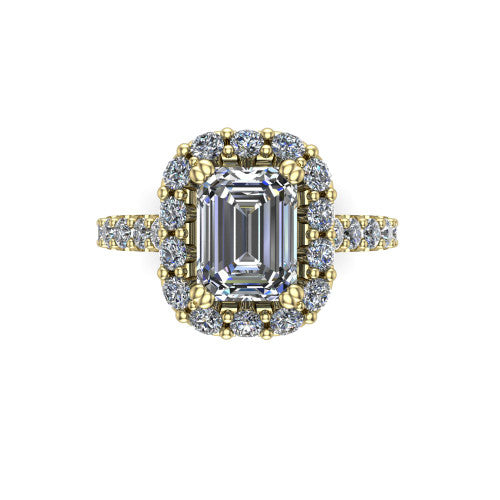 Hattie emerald halo engagement ring in 14K Yellow Gold with squared pavé halo and pavé band, top-down view of the squared pavé halo