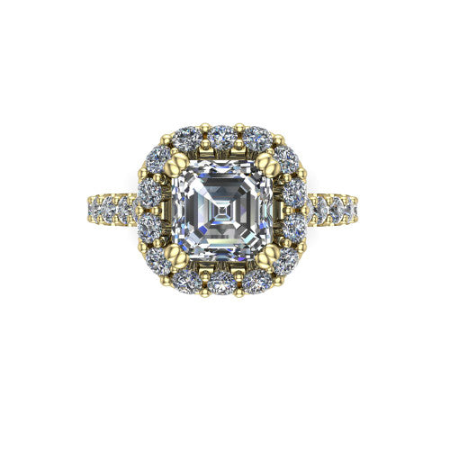 Hattie asscher halo engagement ring in 14K Yellow Gold with squared pavé halo and pavé band, top-down view of the squared pavé halo