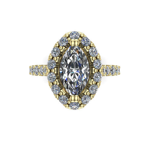 Hattie marquise halo engagement ring in 14K Yellow Gold with squared pavé halo and pavé band, top-down view of the squared pavé halo