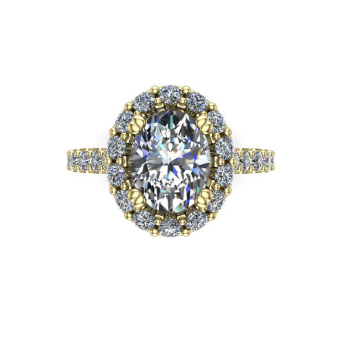 Hattie oval halo engagement ring in 18K Yellow Gold with squared pavé halo and pavé band, top-down view of the squared pavé halo
