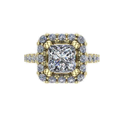 Hattie princess halo engagement ring in 18K Yellow Gold with squared pavé halo and pavé band, top-down view of the squared pavé halo