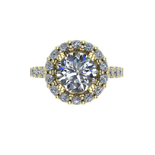 Hattie round halo engagement ring in 18K Yellow Gold with squared pavé halo and pavé band, top-down view of the squared pavé halo