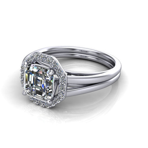 Regina asscher halo engagement ring in Platinum with squared pavé halo and plain split shank, three-quarter perspective view