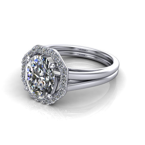 Regina oval halo engagement ring in 18K White Gold with squared pavé halo and plain split shank, three-quarter perspective view