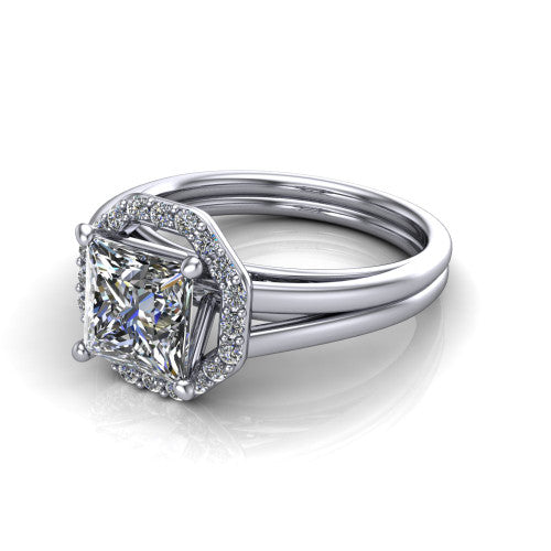 Regina princess halo engagement ring in Platinum with squared pavé halo and plain split shank, three-quarter perspective view