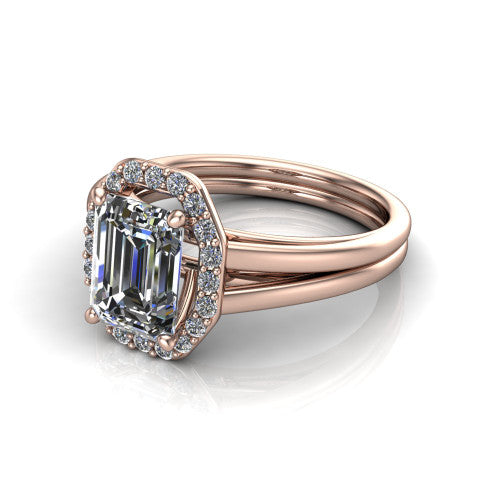 Regina emerald halo engagement ring in 18K Rose Gold with squared pavé halo and plain split shank, three-quarter perspective view
