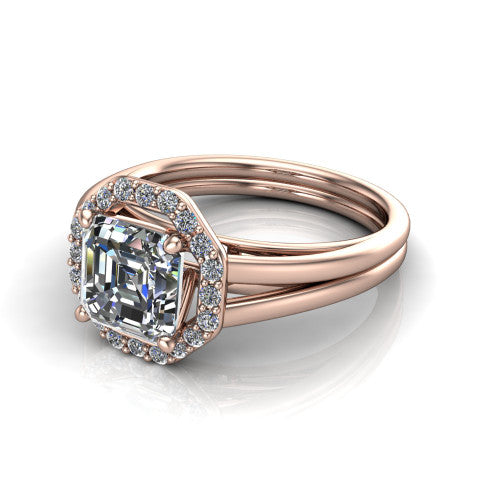 Regina asscher halo engagement ring in 14K Rose Gold with squared pavé halo and plain split shank, three-quarter perspective view