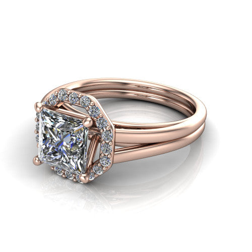 Regina princess halo engagement ring in 14K Rose Gold with squared pavé halo and plain split shank, three-quarter perspective view