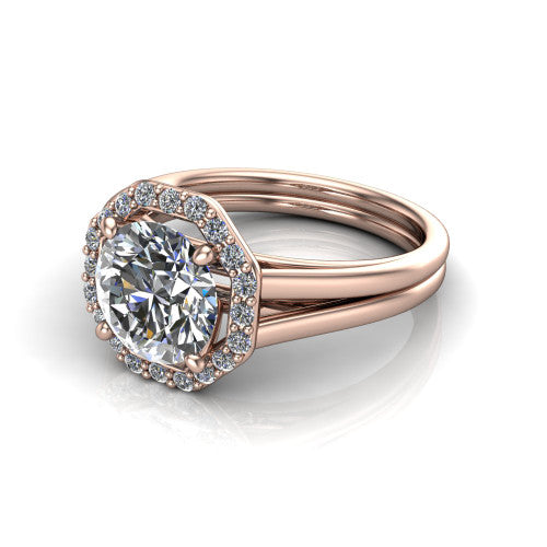 Regina round halo engagement ring in 14K Rose Gold with squared pavé halo and plain split shank, three-quarter perspective view