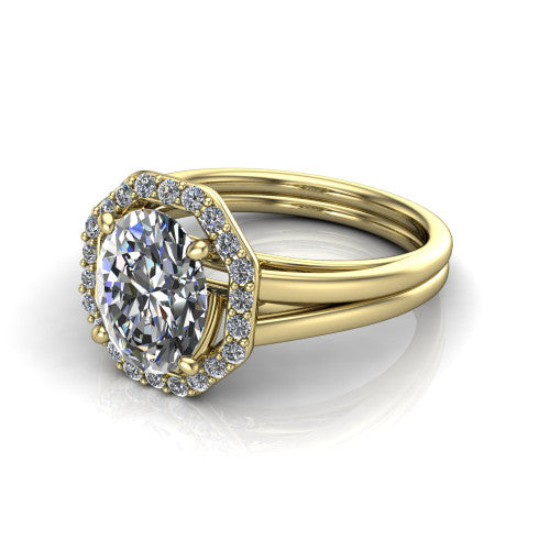 Regina oval halo engagement ring in 14K Yellow Gold with squared pavé halo and plain split shank, three-quarter perspective view