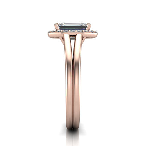 Regina emerald halo engagement ring in 14K Rose Gold with squared pavé halo and plain split shank, side profile showing the plain split shank