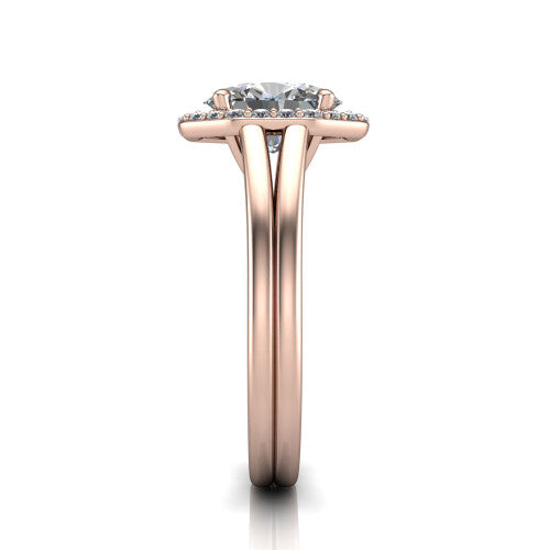 Regina oval halo engagement ring in 14K Rose Gold with squared pavé halo and plain split shank, side profile showing the plain split shank