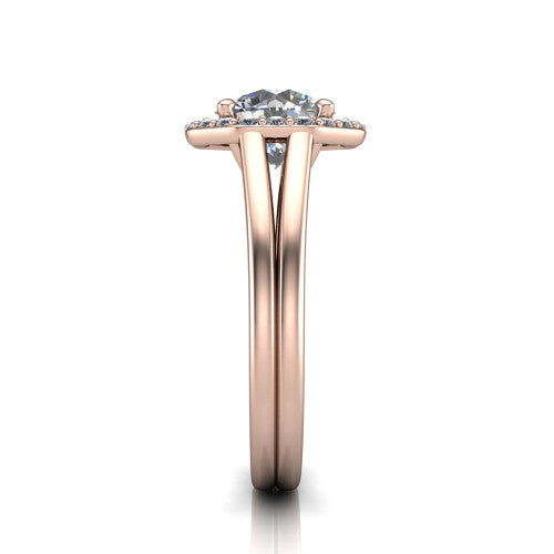 Regina round halo engagement ring in 18K Rose Gold with squared pavé halo and plain split shank, side profile showing the plain split shank