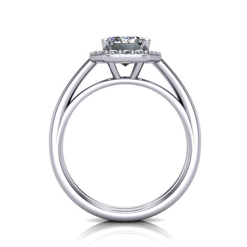 Regina emerald halo engagement ring in 18K White Gold with squared pavé halo and plain split shank, through-finger front profile showing the open under-gallery