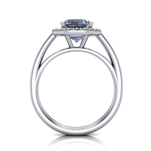 Regina asscher halo engagement ring in 18K White Gold with squared pavé halo and plain split shank, through-finger front profile showing the open under-gallery