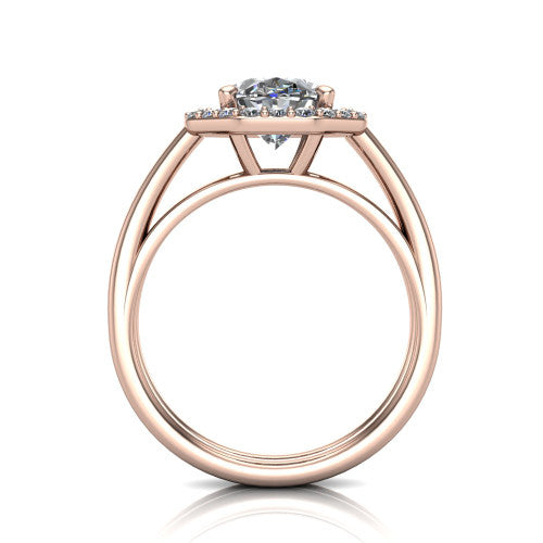 Regina oval halo engagement ring in 14K Rose Gold with squared pavé halo and plain split shank, through-finger front profile showing the open under-gallery